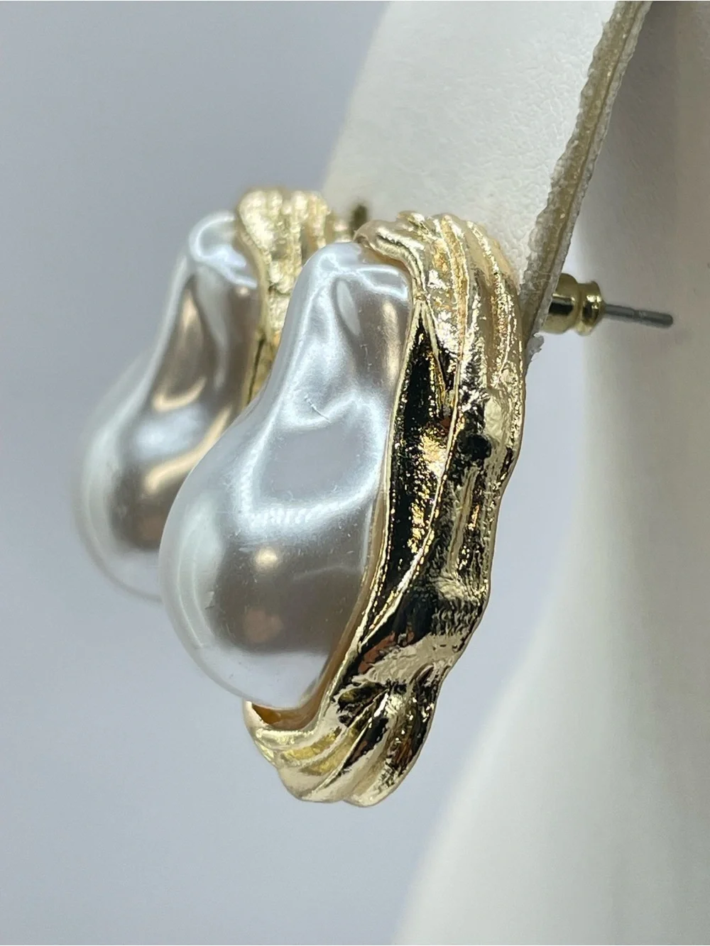 Gold Faux Baroque Pearl Stud Earrings Coastal Chic Statement Bold